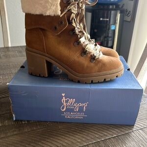 Jellypop Brown Lace Up Boots with Chunky Heel and Rugged Sole